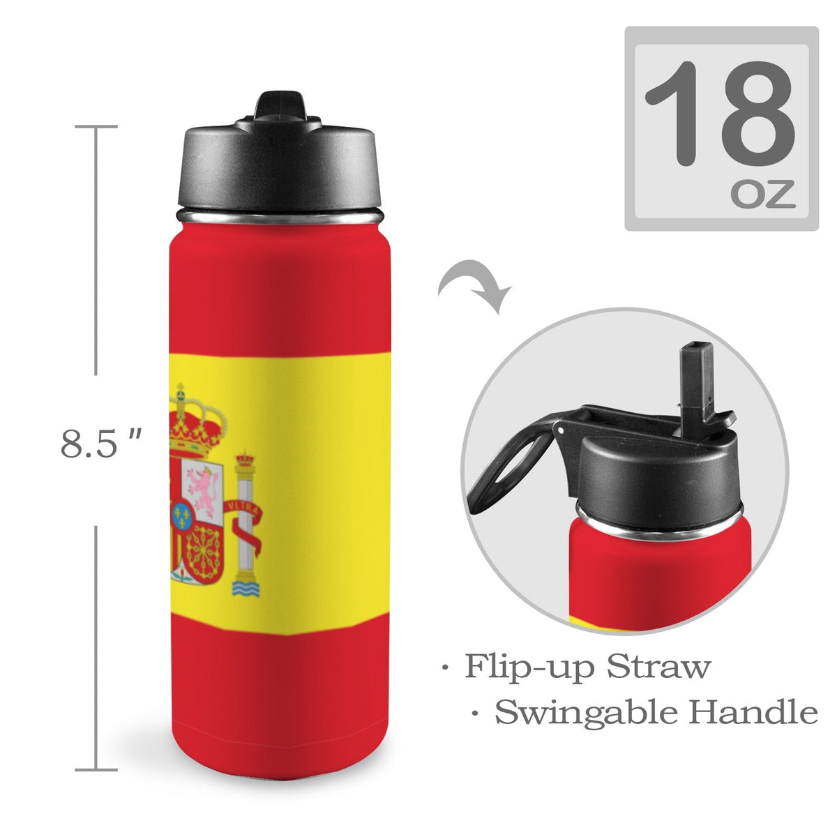 Spain Flag Insulated Water Bottle with Straw Lid (18oz) - Conscious Apparel Store
