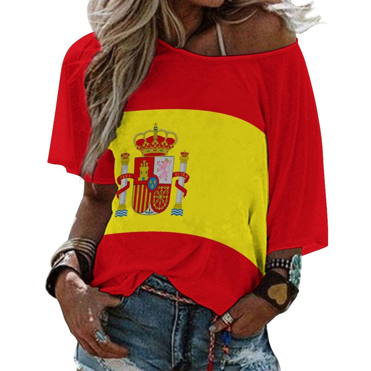 Spain Flag Women’s Loose Half-Sleeve Boat Neck T-Shirt - Conscious Apparel Store