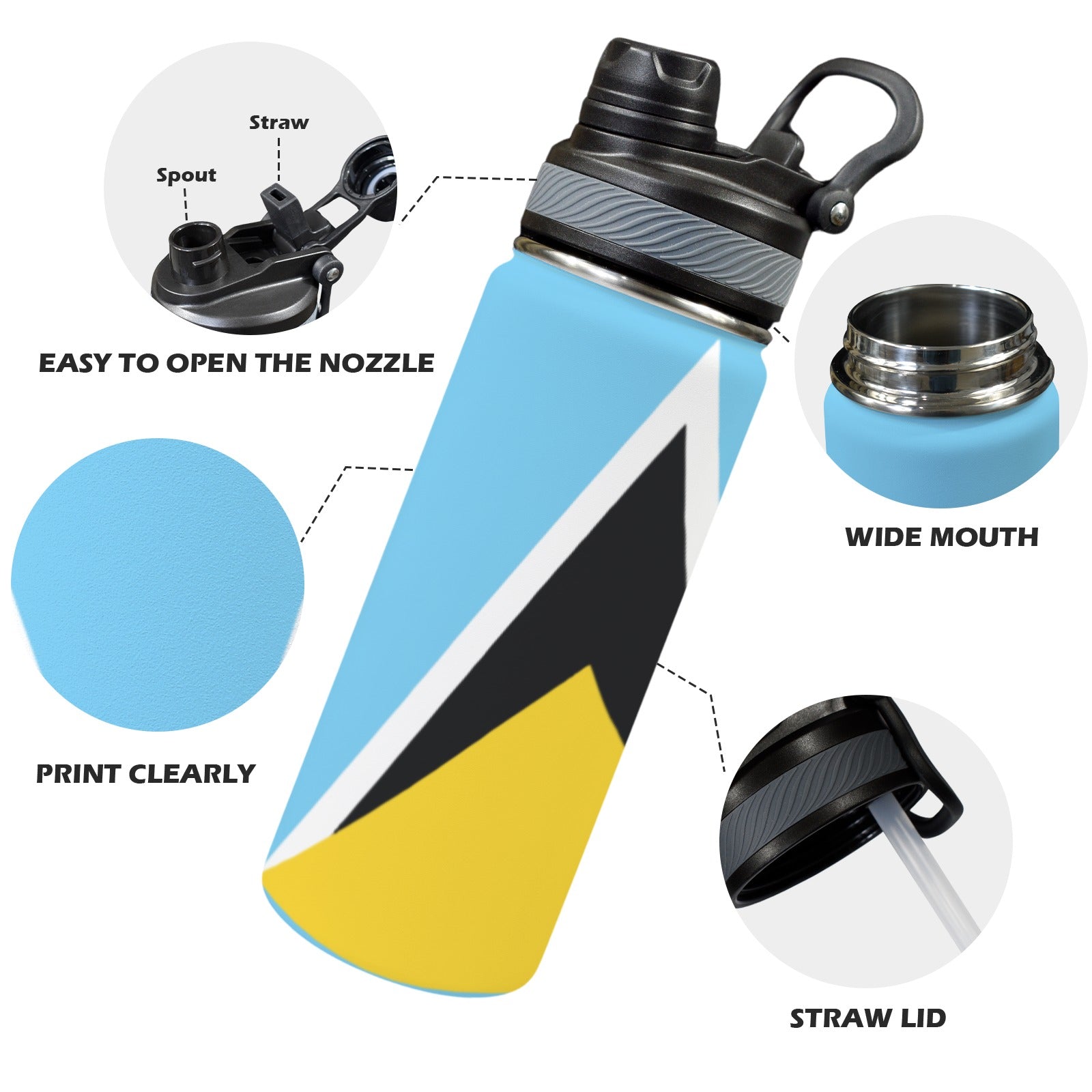 St Lucia Flag Insulated Water Bottle with Dual - Use Lid (18oz) - Conscious Apparel Store