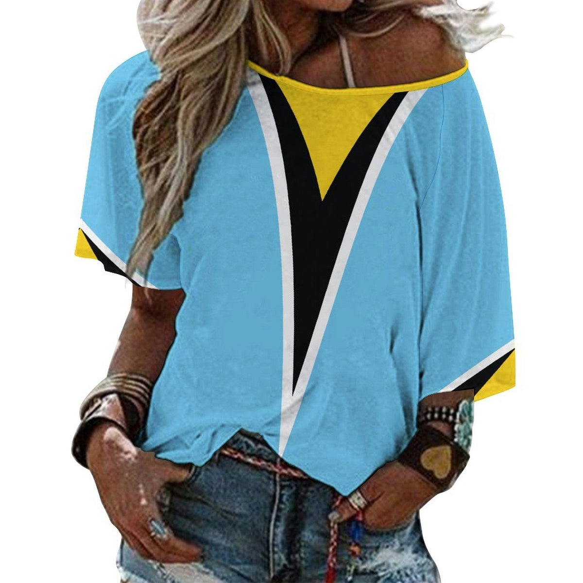 St Lucia Flag Women’s Loose Half-Sleeve Boat Neck T-Shirt - Conscious Apparel Store