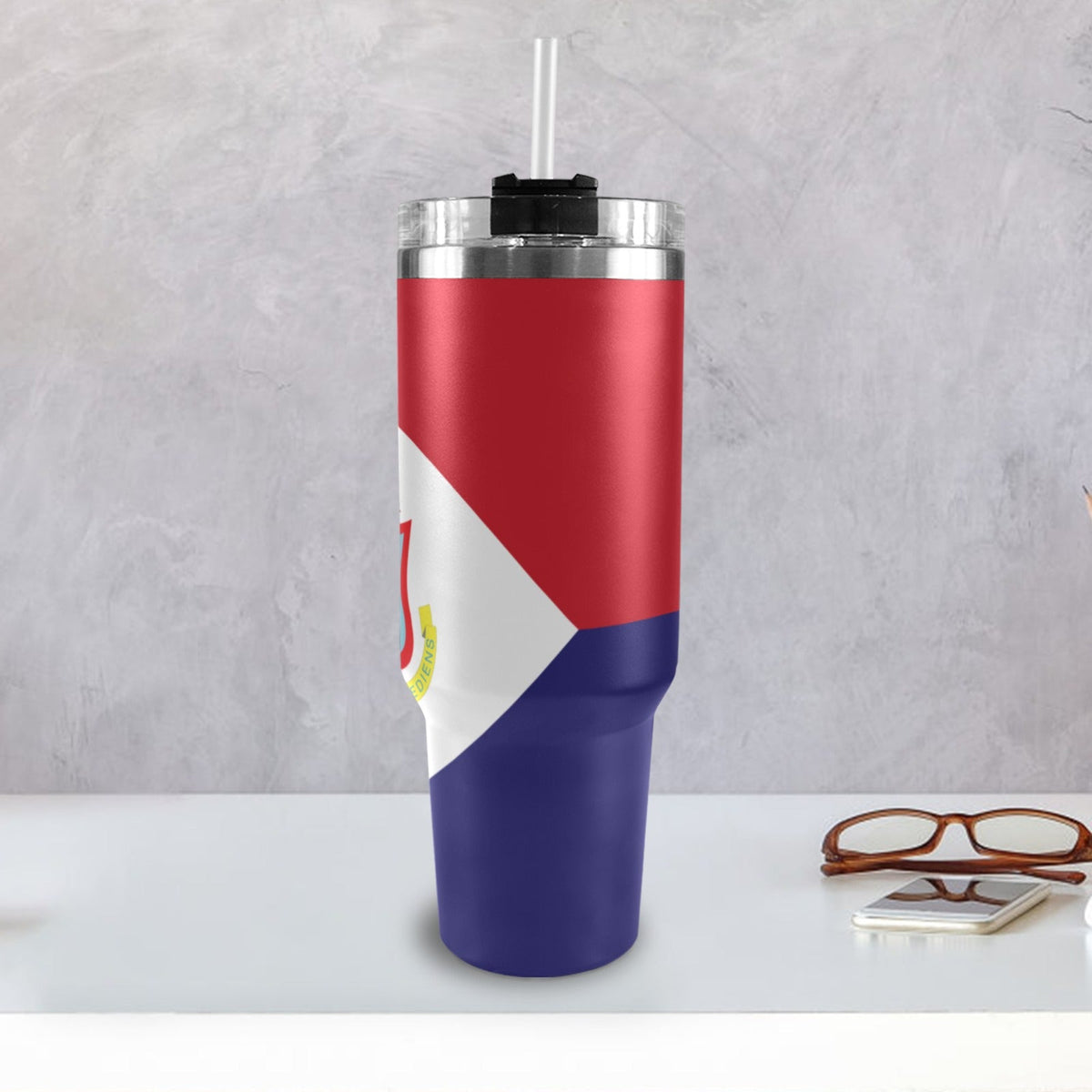 St Maarten Flag 40oz Tumbler with Black Handle - Conscious Apparel Store