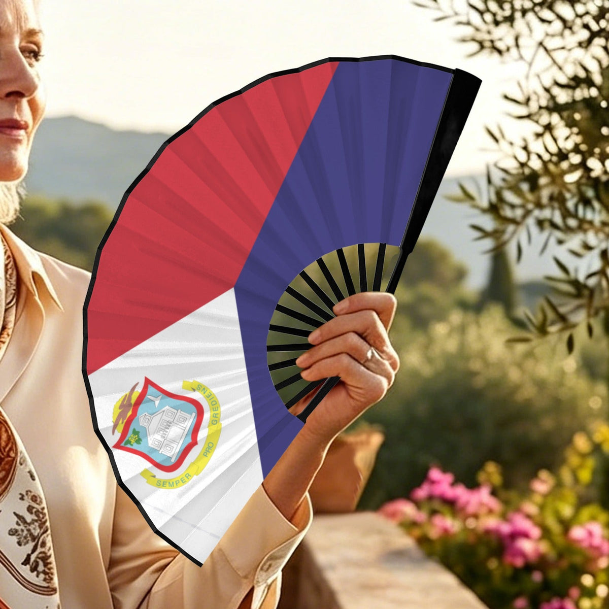 St Maarten Girl Double-Sided Custom Folding Fan - Conscious Apparel Store