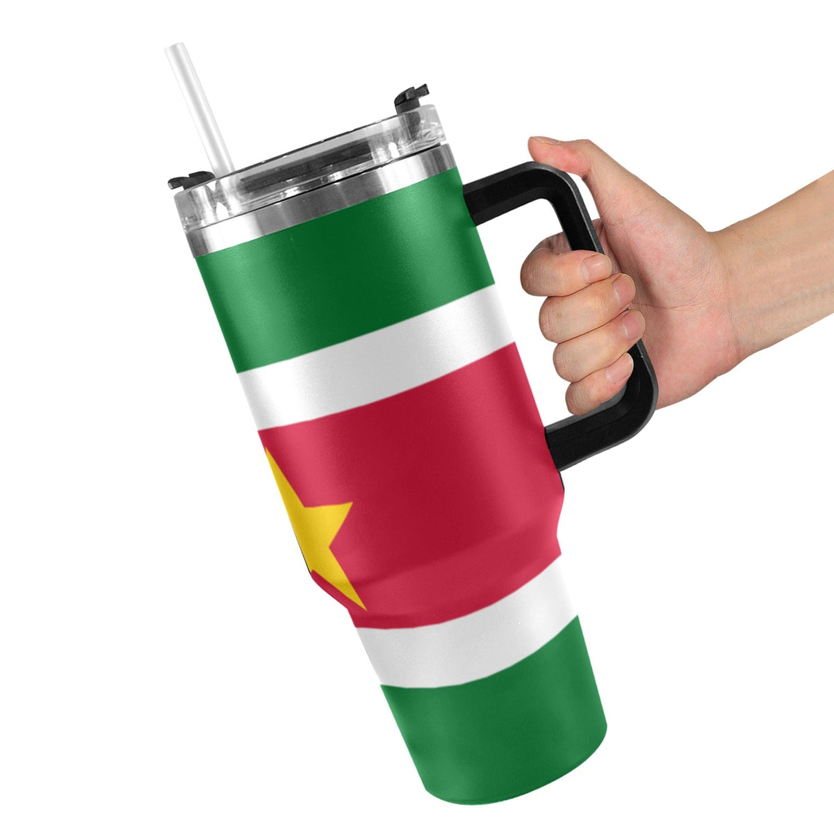 Suriname Flag 40oz Tumbler with Black Handle - Conscious Apparel Store