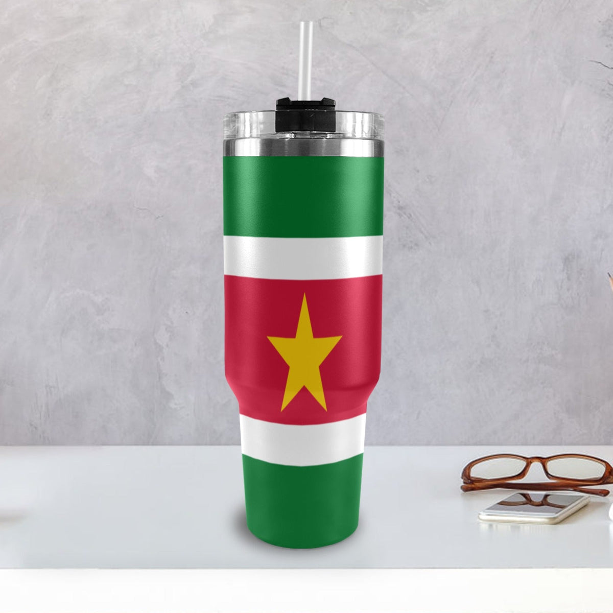 Suriname Flag 40oz Tumbler with Black Handle - Conscious Apparel Store