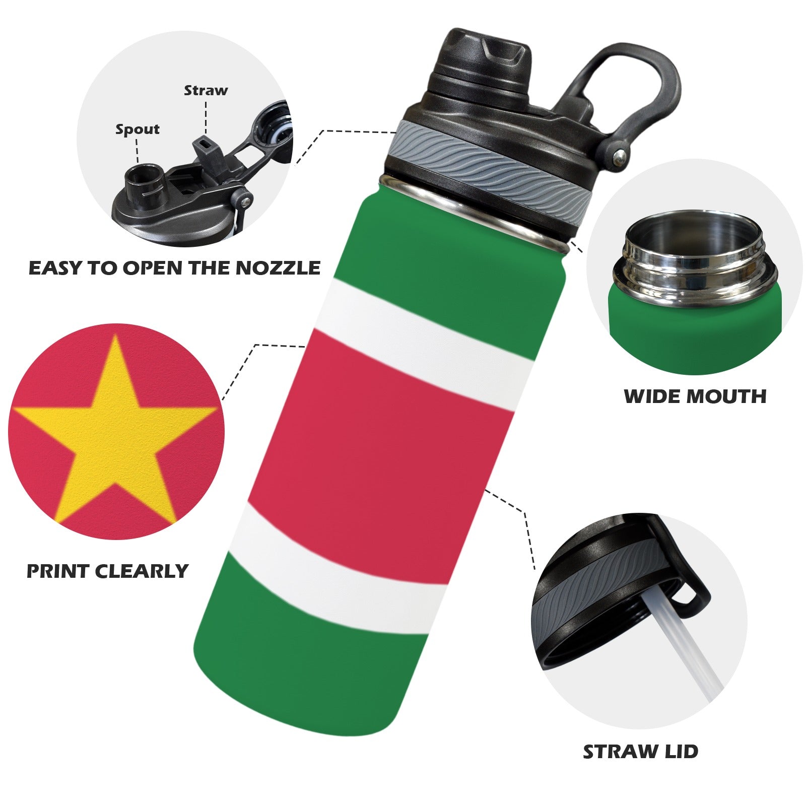 Suriname Flag Insulated Water Bottle with Dual - Use Lid (18oz) - Conscious Apparel Store