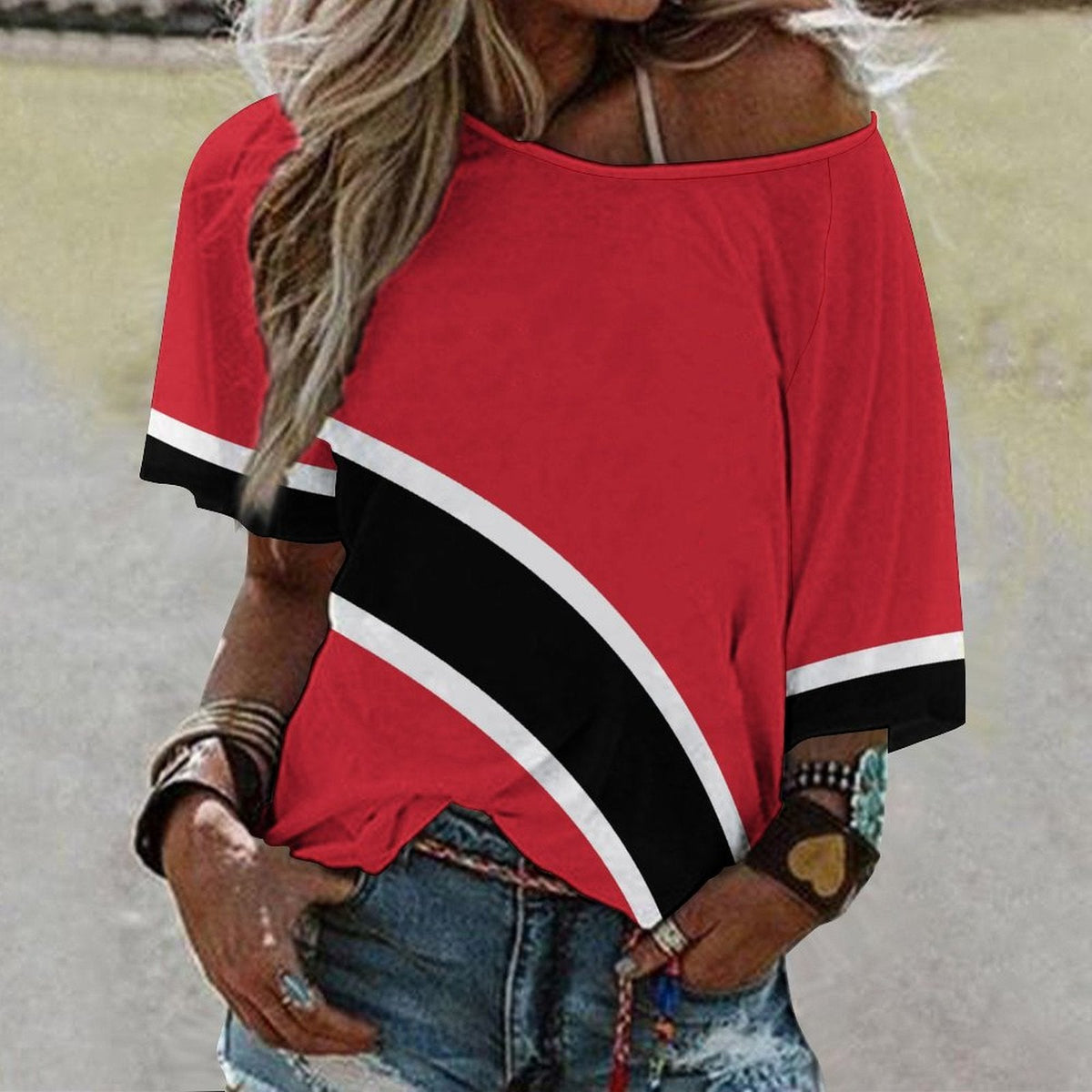 Trinidad & Tobago Flag Women’s Loose Half-Sleeve Boat Neck T-Shirt - Conscious Apparel Store