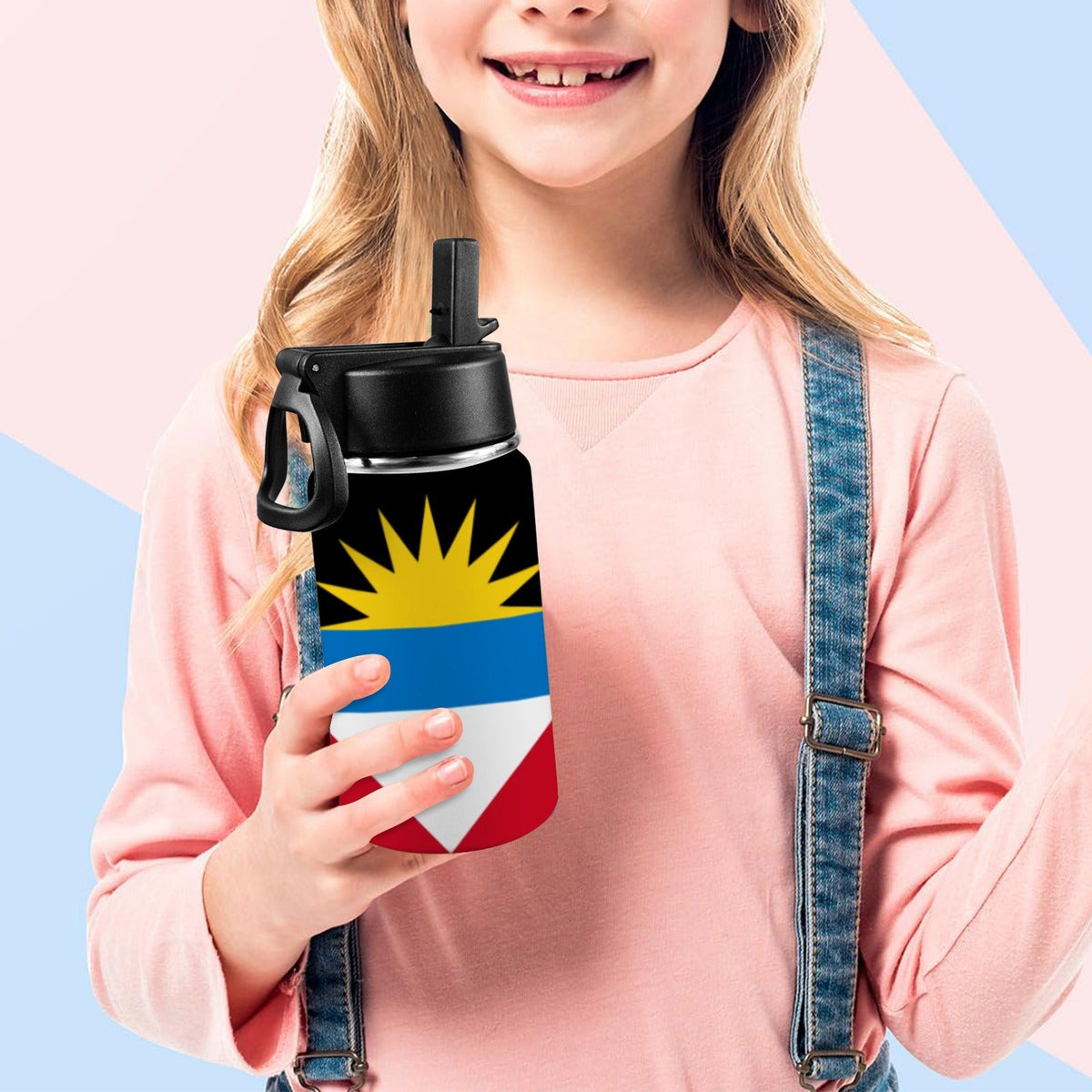 Antigua Flag Kids Kids Water Bottle with Straw Lid (12 oz) - Conscious Apparel Store