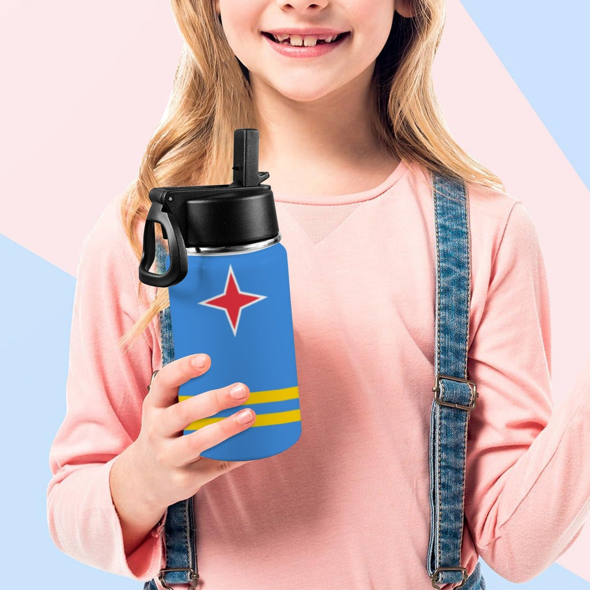 Aruba Flag Kids Water Bottle with Straw Lid (12 oz) - Conscious Apparel Store