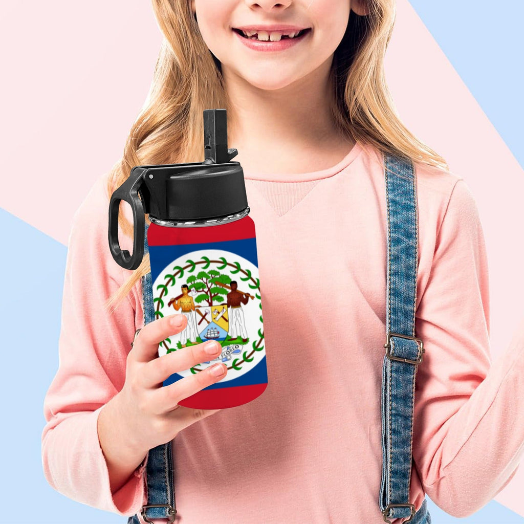 Belize Flag Kids Water Bottle with Straw Lid (12 oz) - Conscious Apparel Store