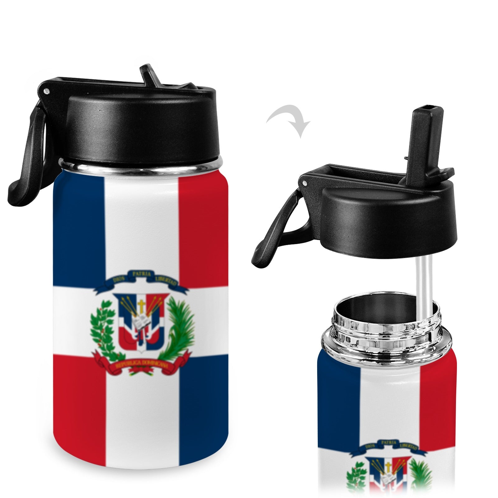 Dominican Republic Flag Kids Water Bottle with Straw Lid (12 oz) - Conscious Apparel Store
