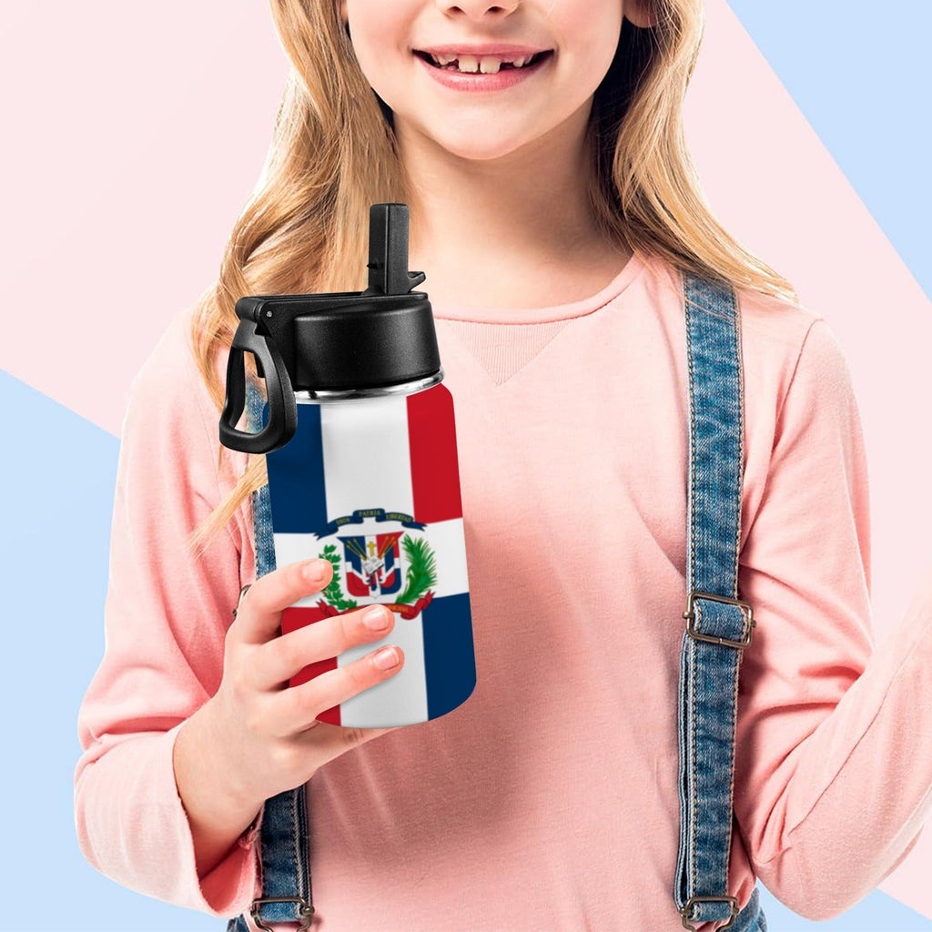 Dominican Republic Flag Kids Water Bottle with Straw Lid (12 oz) - Conscious Apparel Store