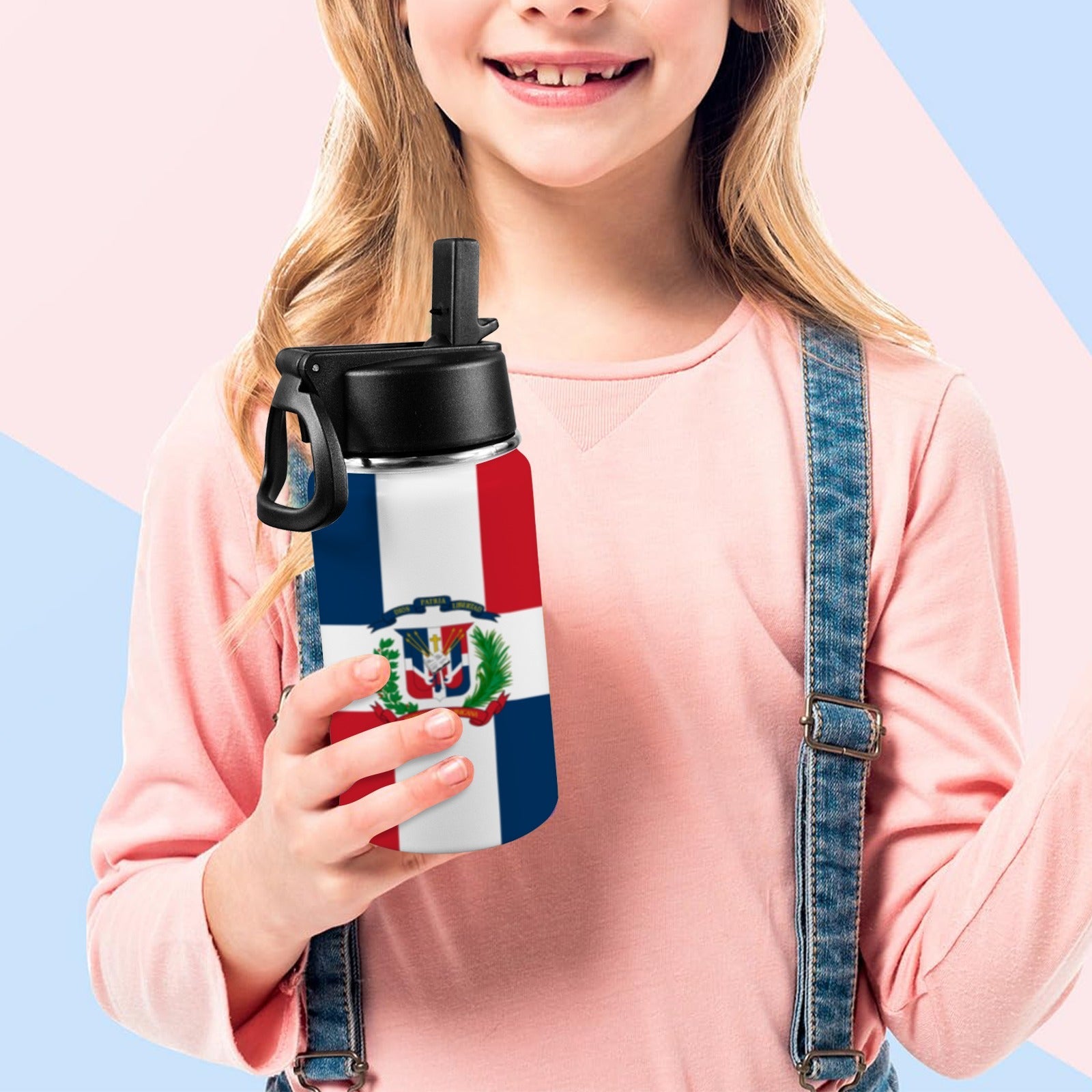 Dominican Republic Flag Kids Water Bottle with Straw Lid (12 oz) - Conscious Apparel Store
