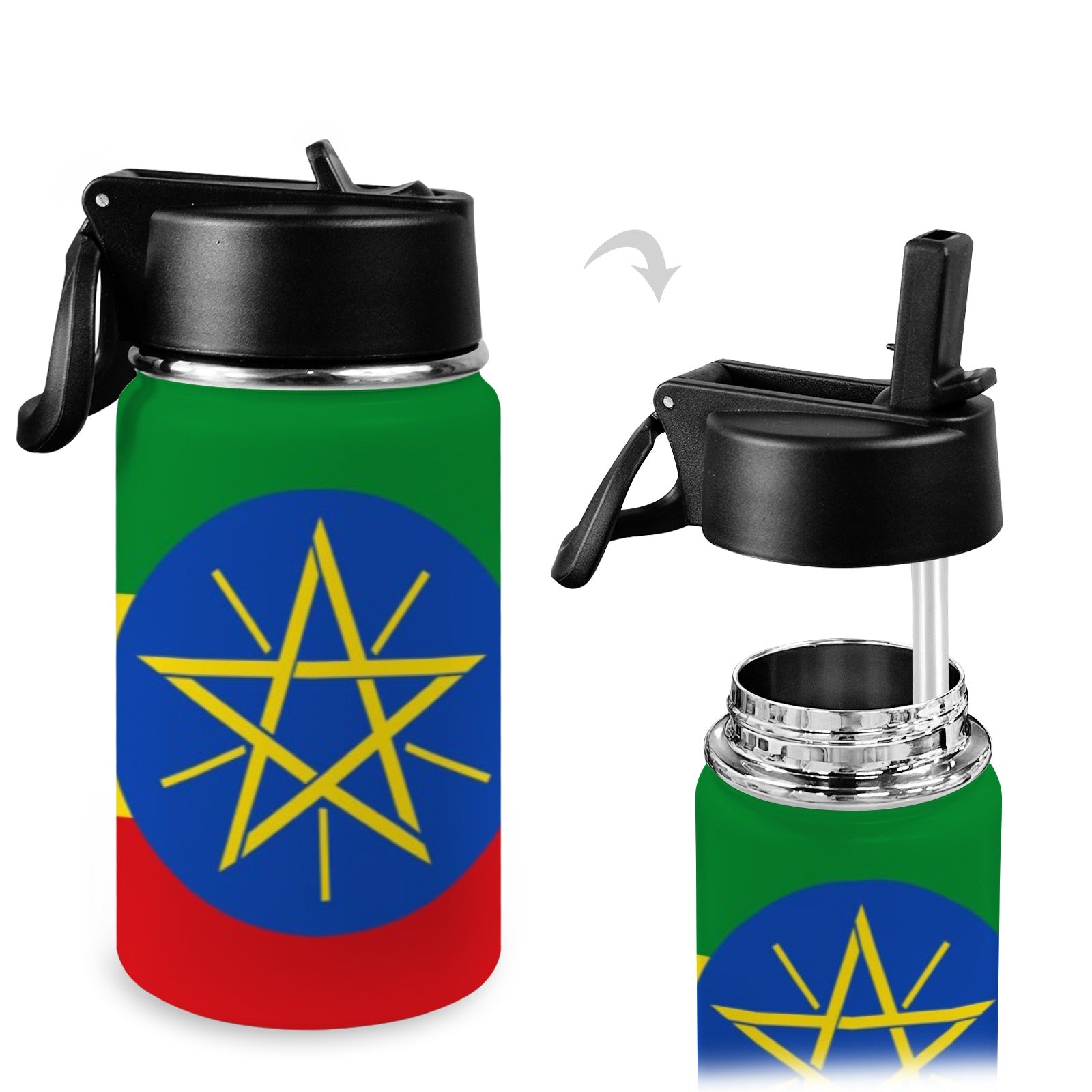 Ethiopia Flag Kids Water Bottle with Straw Lid (12 oz) - Conscious Apparel Store