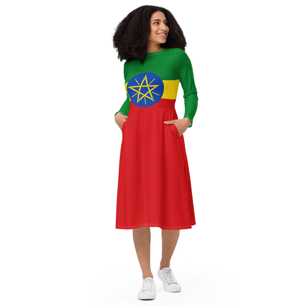 Ethiopia Flag long sleeve midi dress - Conscious Apparel Store
