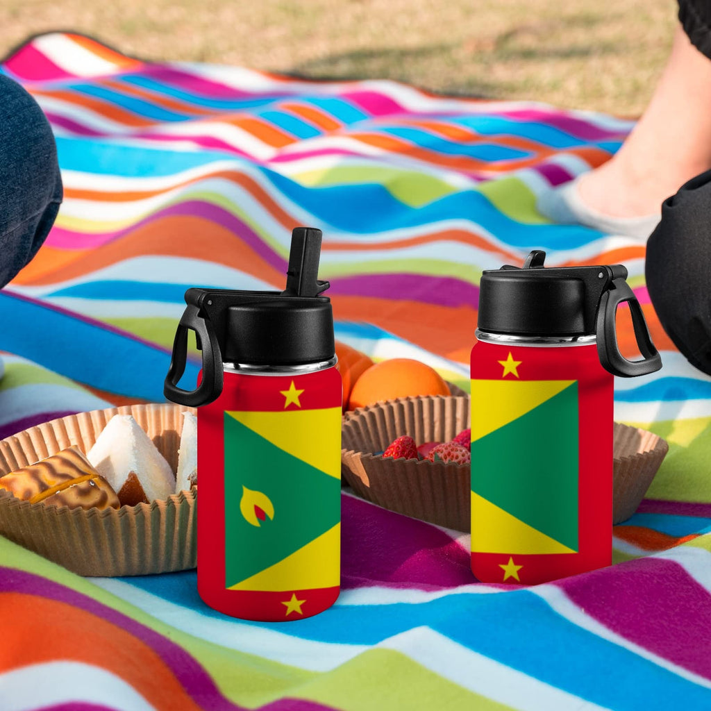 Grenada Flag kids Kids Water Bottle with Straw Lid (12 oz) - Conscious Apparel Store
