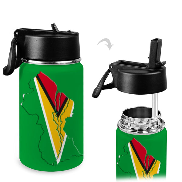 Guyana Flag Map Kids Water Bottle with Straw Lid (12 oz) - Conscious Apparel Store