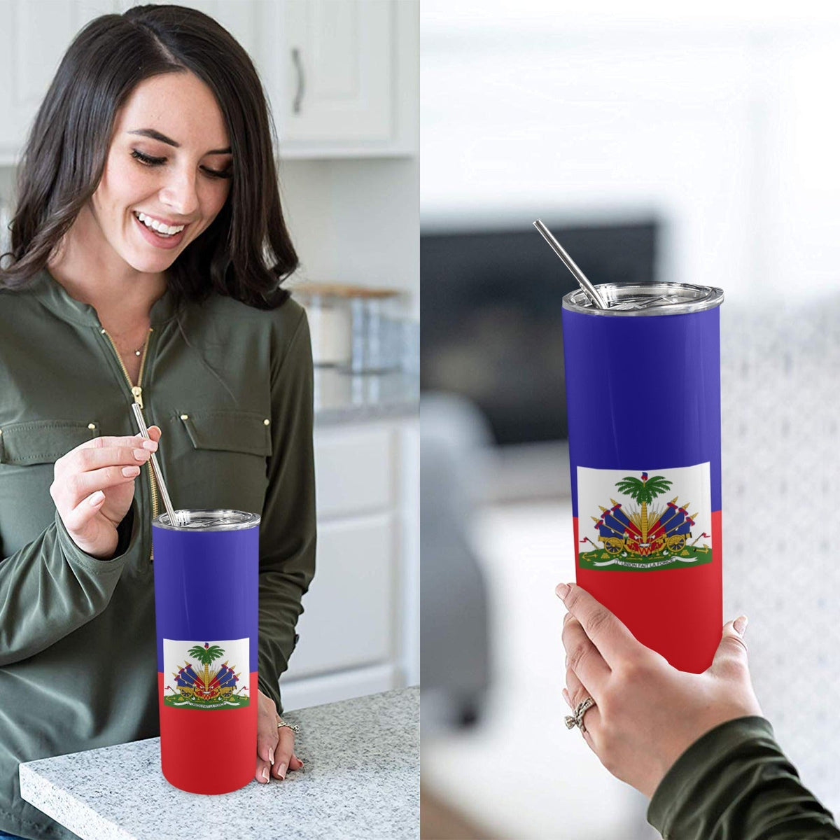 Haiti Flag 20oz Tall Skinny Tumbler with Lid and Straw - Conscious Apparel Store