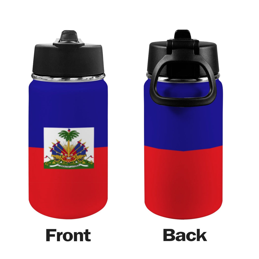 Haiti Flag Kids Water Bottle with Straw Lid (12 oz) - Conscious Apparel Store
