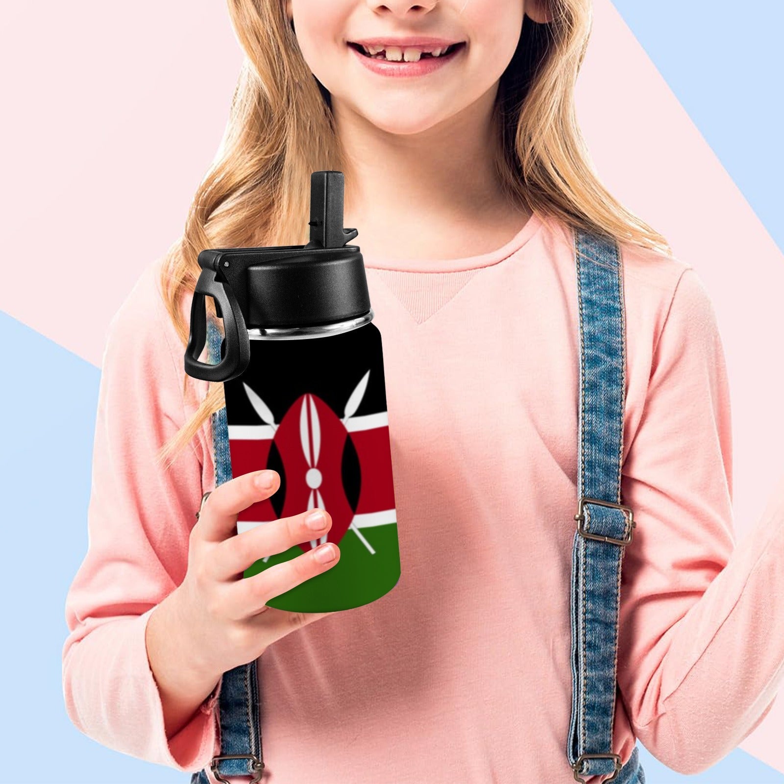 Kenya Flag Kids Water Bottle with Straw Lid (12 oz) - Conscious Apparel Store