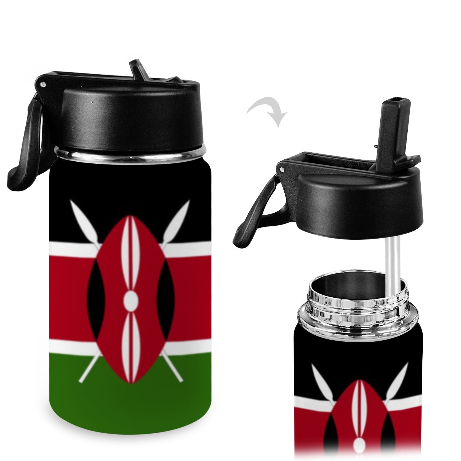 Kenya Flag Kids Water Bottle with Straw Lid (12 oz) - Conscious Apparel Store