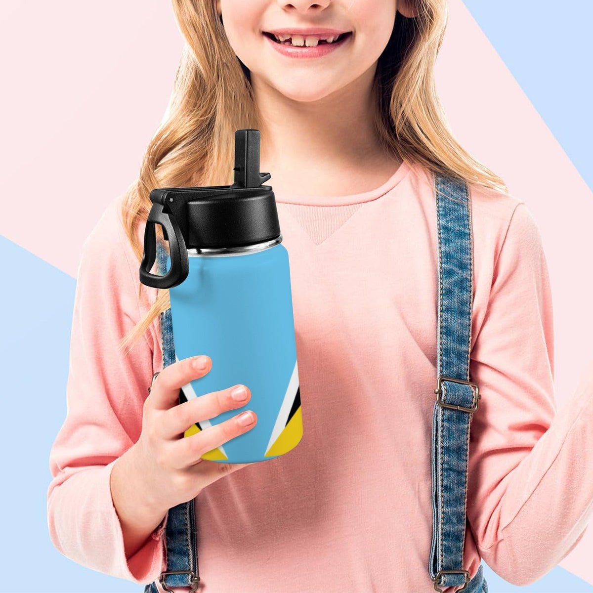 St Lucia Flag Kids Water Bottle with Straw Lid (12 oz) - Conscious Apparel Store