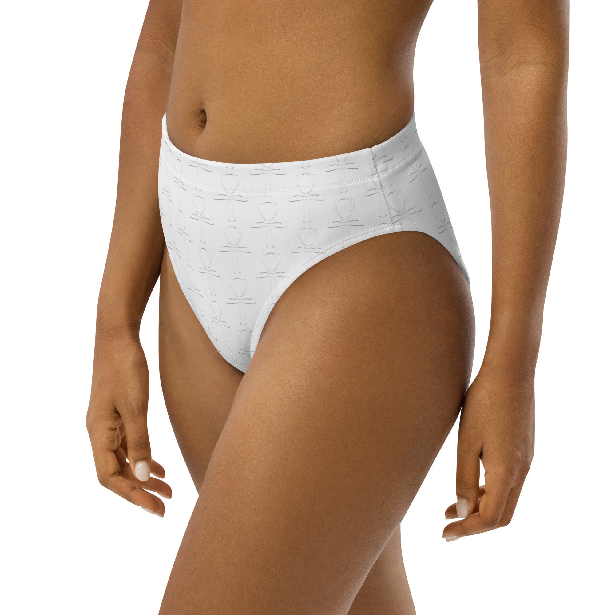 Subliminal Egyptian Ankh Cross high-waisted bikini bottom (White) - Conscious Apparel Store