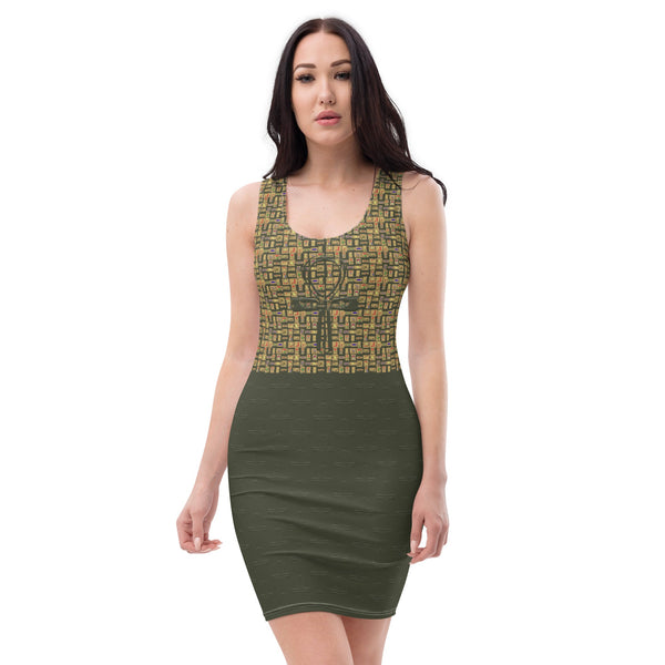 Subliminal Egyptian Ankh Cross (Olive) Bodycon Dress - Conscious Apparel Store