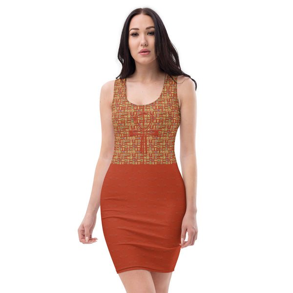 Subliminal Egyptian Ankh Cross (Red-Rust) Bodycon Dress - Conscious Apparel Store