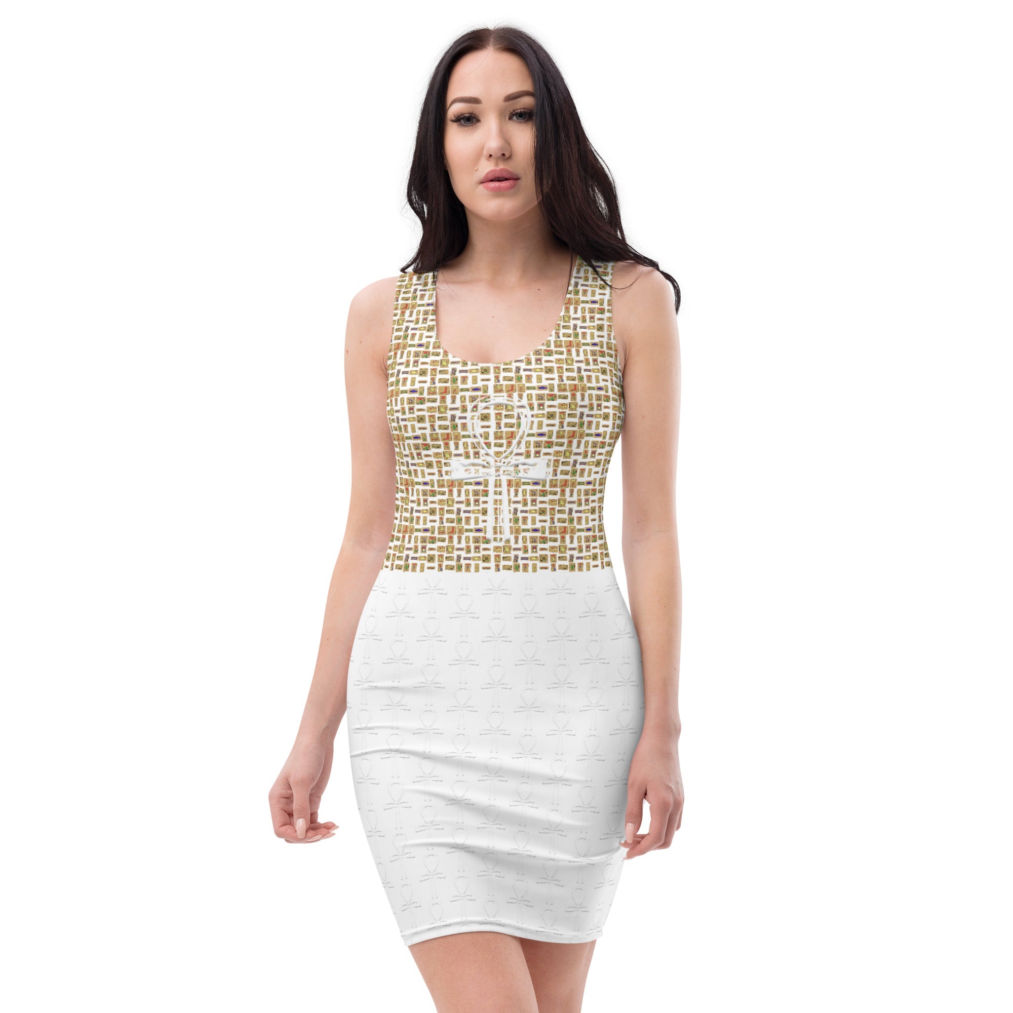 Subliminal Egyptian Ankh Cross (White) Bodycon Dress - Conscious Apparel Store
